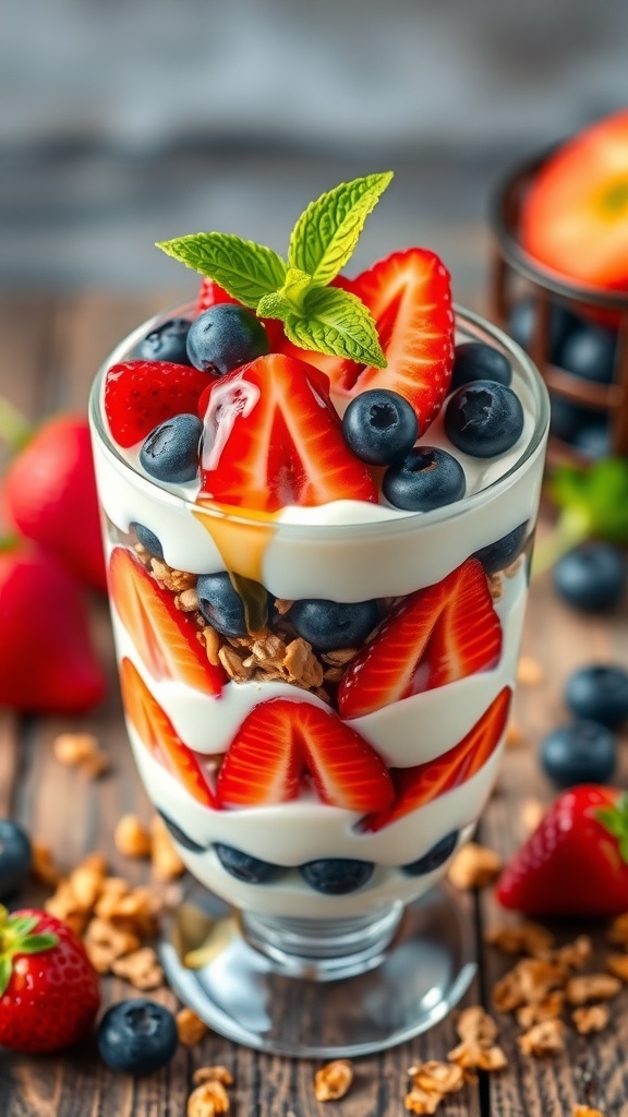Delicious Yogurt Parfait Ideas A colorful yogurt parfait in a glass with layers of yogurt, strawberries, blueberries, and granola, garnished with mint.